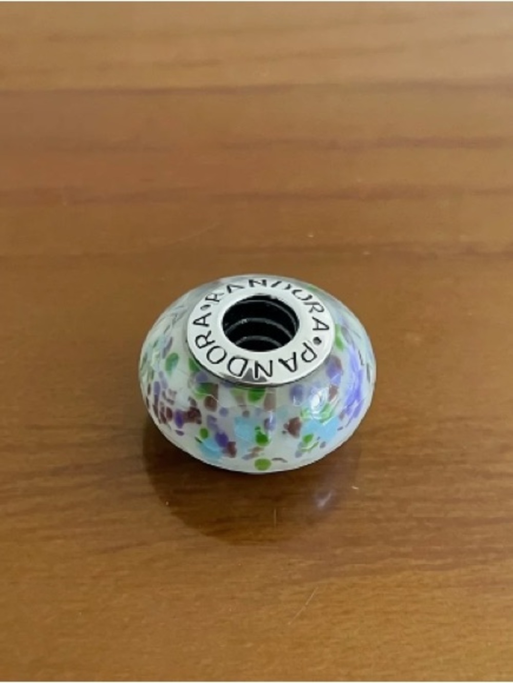 Pandora White Glass Murano Charm Bead with Purple & Green Confetti
